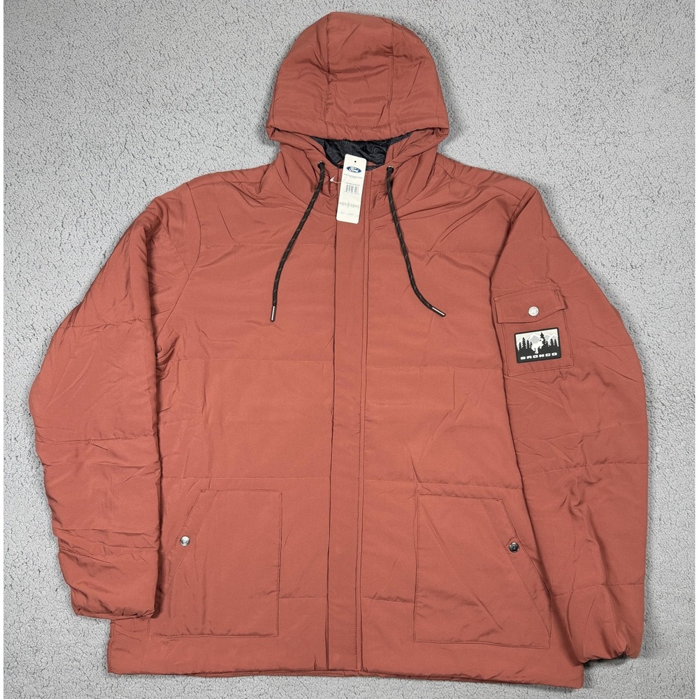 NWT Ford‎ Bronco Jacket Mens 3XL Orange Hooded Puffer Full Zip Insulated Outdoor